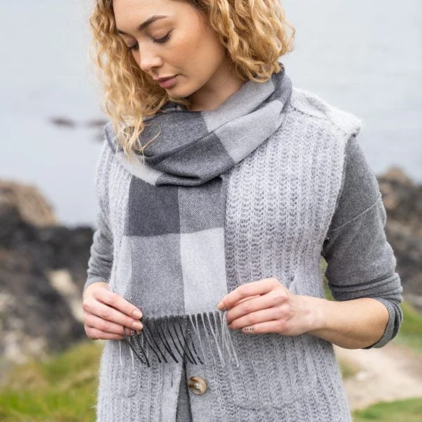 Merino Wollen Sjaal | Grijs Geblokt