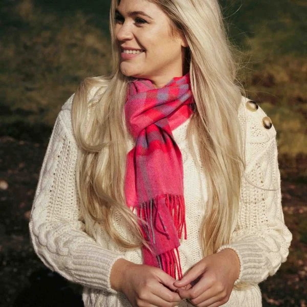 Merino Wollen Sjaal | Roze Paars Geblokt