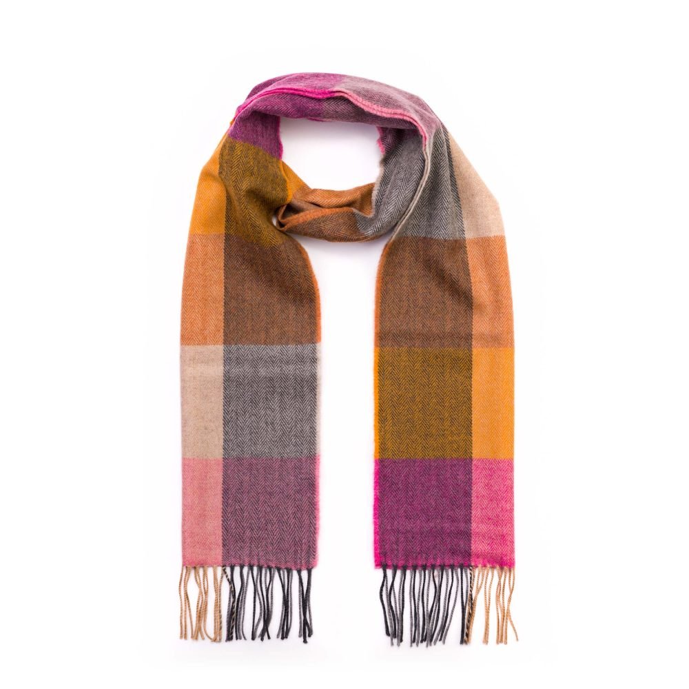 Merino Wollen Sjaal Pink Mustard Sand Block