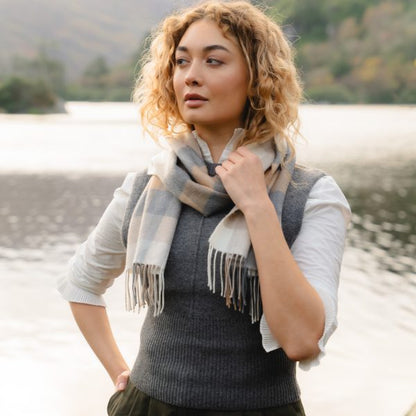 Merino Wollen Sjaal | Grijs Beige Geblokt