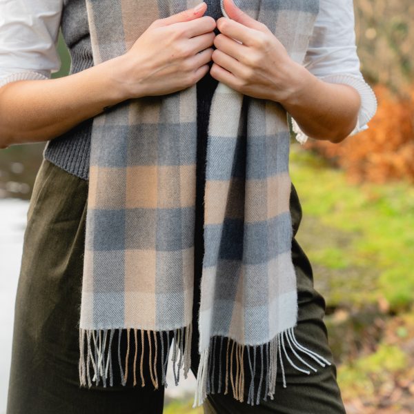 Merino Wollen Sjaal | Grijs Beige Geblokt